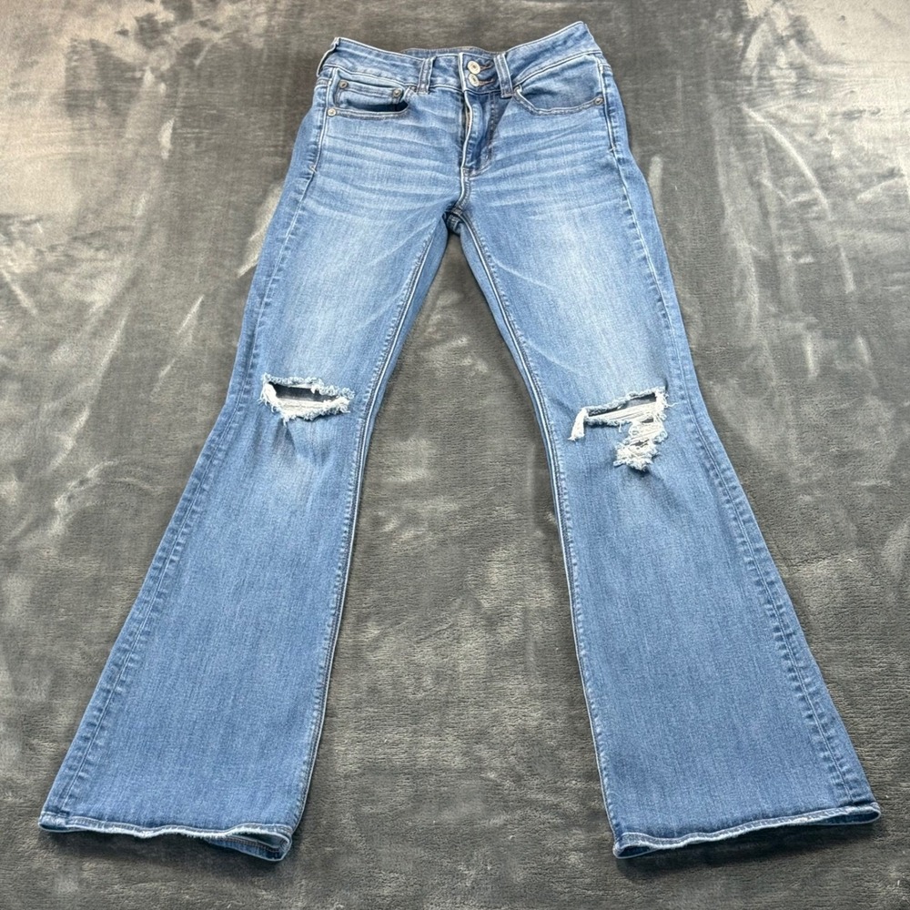 American Eagle Hi-Rise Artist Flare Jeans Distressed Blue Super Stretchâ Size 2